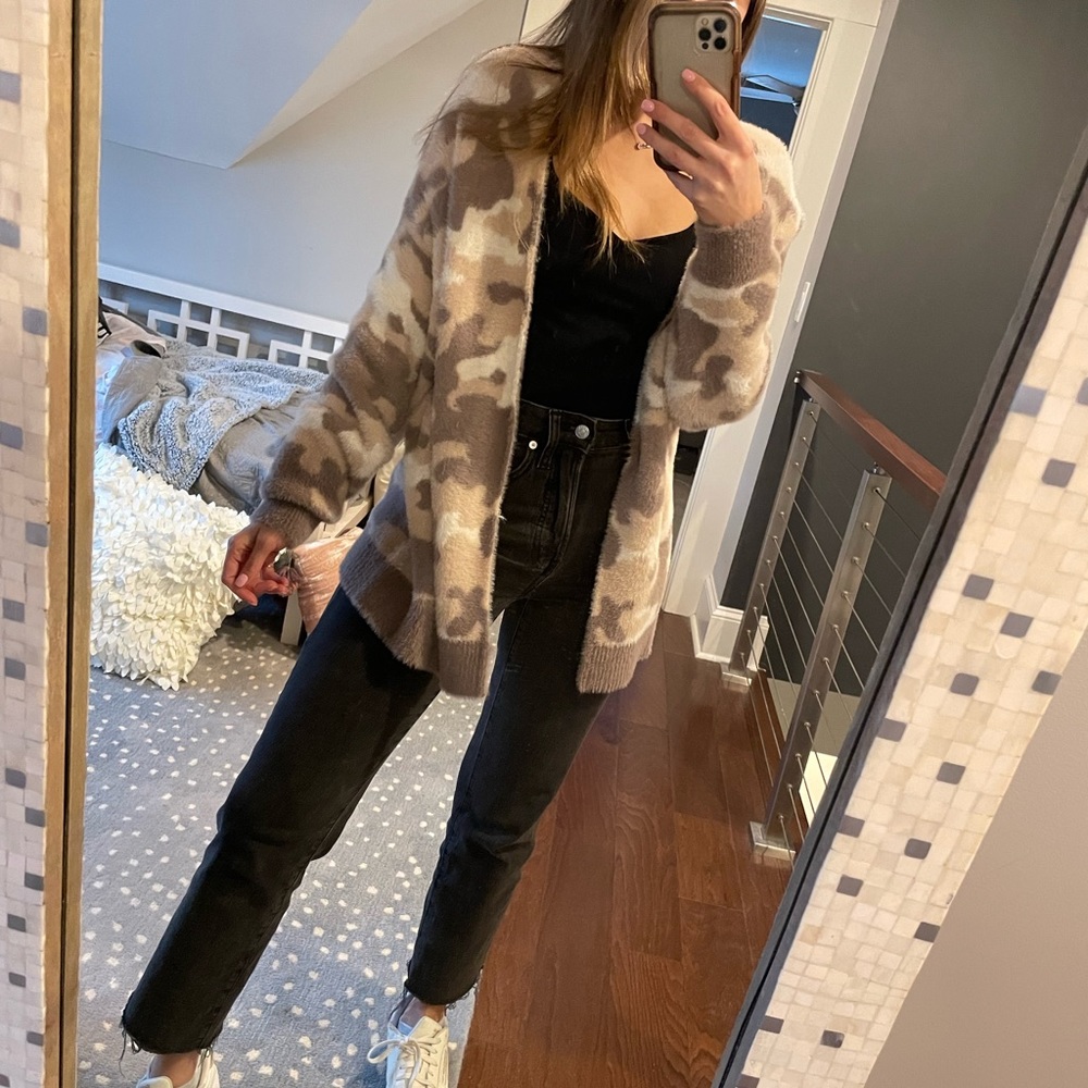 Express fuzzy camo cardigan size small